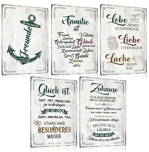 ZDFDC 5er Blechschilder Set Retro Sprüche - ZUHAUSE FAMILIE GLÜCK FREUNDE LEBEN - Vintage Metall-schilder mit Sprüchen - Wanddeko Geschenk für Einzug Richtfest Einzugsgeschenke Haus - DIN A4 (SET A)