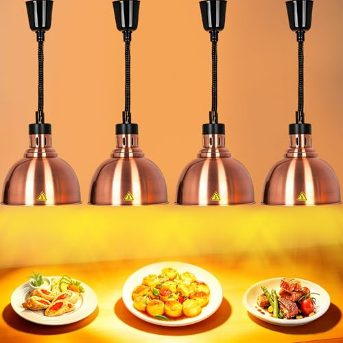 Lampada Riscaldante per Alimenti, Lampade Scaldavivande Cucina Retrattili, 250W Lampade Riscaldanti per Cucina a Buffet Sospesa per Ristoranti, Cucine, Hotel (Rame Rosso, 4 Pezzi)