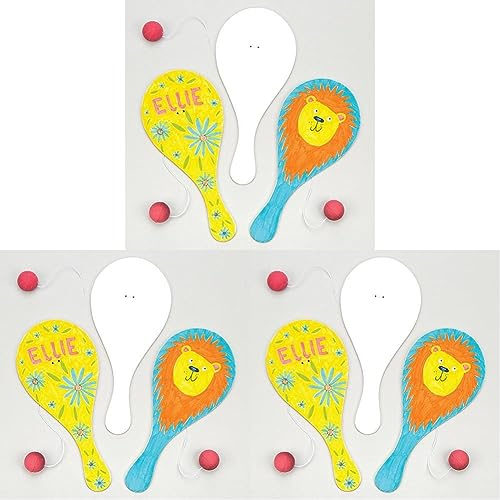 Baker Ross E891 Blanko-Paddleballschläger mit einem am Gummiband befestigten Ball für Kinder zum Gestalten und Spielen - (6 Stück), 22 cm, Weiß (Packung mit 3)