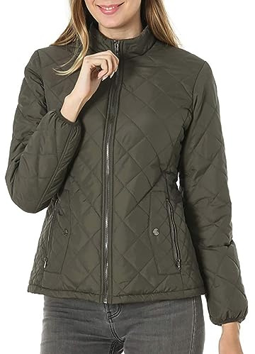 L9WEI Chaqueta Softshell para mujer, chaqueta de cuello alto acolchada para invierno, chaqueta de transición con rayas y bolsillos, verde, M