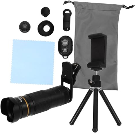 Black 32x Metal Phone Telescope Lens Attachment for Smartphones | Adjustable Focal Length, Tripod Clip Included, for Pictures and Game Viewing