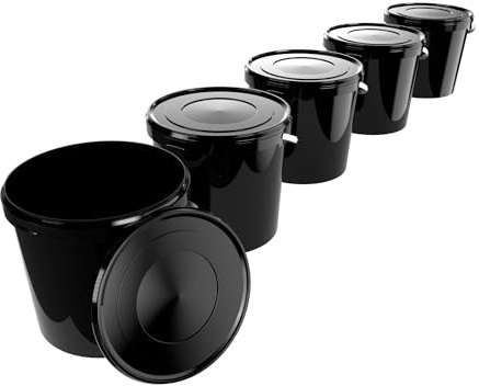 5 Eimer Mit Deckel 10l Schwarz Rund | Kunststoff Lebensmittelecht, Luftdicht Und Stabil | Mit Griff Für Lebensmittel Chemie Waschpulver Klebstoffe Geeignet
