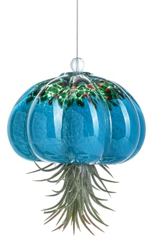 Hand Blown Glass Jellyfish Hanging Air Planter Garden Decor | Hand Blown Glass Jellyfish Air Plant Hanger Metal Hook Inner Clamp Fits Tillandsia Succulent Garden Porch Windowsill
