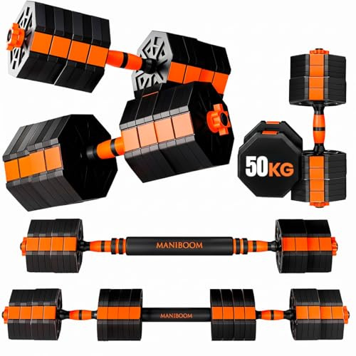 ManiBoom Juego de Pesas y Mancuernas 2 en 1 Ajustables - Juego Mancuernas 10kg - 50kg ANTIRUEDO - Juego de Pesas para Casa con Barra Ajustable y Cierres de SEGURIDAD - Kit de Ejercicio