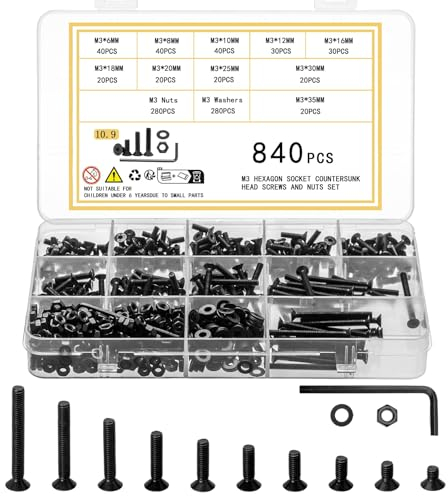 Ewwtrey 840 Pcs M3 Screws Set, Countersunk Hex Socket Head Cap Screws and Nuts Set, M3 Bolts and Nuts Assortment, Hexagonal Flat Head Machine Screw, with Wrench