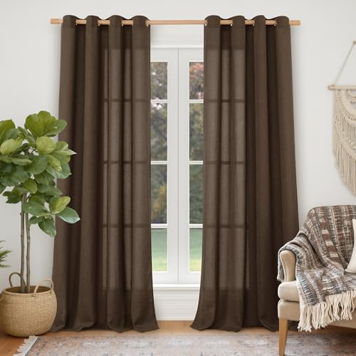 YoungsTex Dark Brown Linen Curtains 84 Inch Length 2 Panels for Living Room, Light Filtering Drapes Semi Sheer Chocolate Window Treatments with Bronze Grommet for Bedroom, 52 x 84 Inch