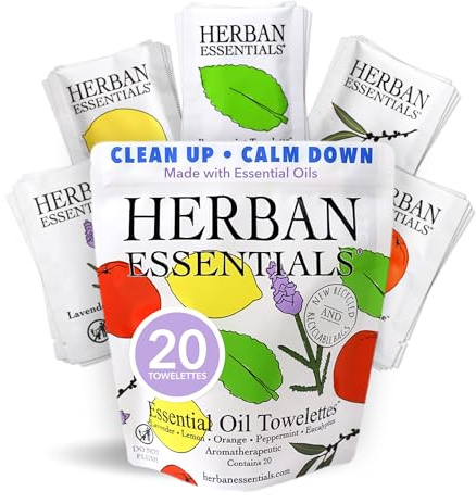 Herban Essentials - Natural Wipes & Towelettes - Essential Oil Wipes for Hands, Face and Body - Travel Size Essentials and Toiletries - Natural, Individually Wrapped, Disposable and Moist (20 count)