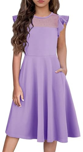 Arshiner Robe d'été pour Filles de 6 à 13 Ans Manches à Volants Maille trapèze Robes de soirée décontractées avec Poches