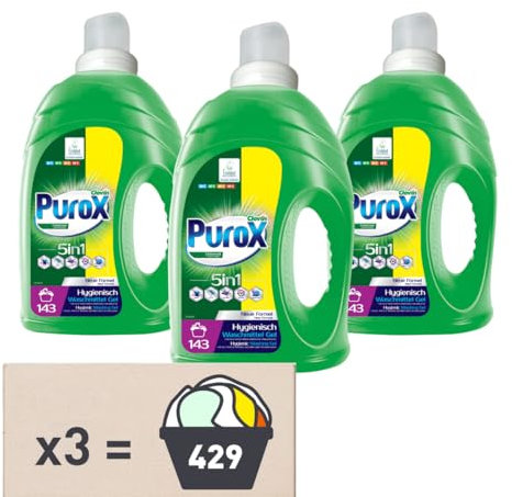 PUROX UNIVERSAL Lessive Liquide (143 Lavages x 3) – Concentré Gel pour Tous Textiles, Élimine les Taches, Entièrement Rinçable, Formule Optimisée, Anti-Calcaire, 4,3 l Multipack 3 pièces