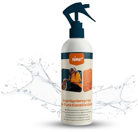 nimo® Impregneringsspray för funktionella kläder | sprejimpregnering mot regn och smuts | vattenavvisande utomhuskläder | regnskydd för jackor | impregnering för funktionella byxor, vandringsskor
