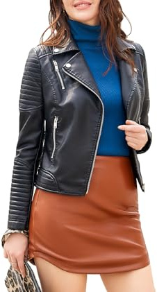 Suncadmious Chaqueta de Moto para Mujer Chaqueta de Cuero de Vaca clásica con Abrigo de Motorista de Cuero con Lados de Encaje (Negro,S)