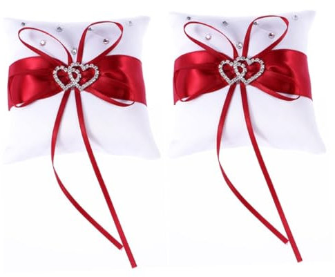 SHOWERORO 2stücke Doppelt Herz Ringkissen Für Hochzeiten Braut Kissen Mit Satinbändern Und Funkelndem Rhinestone Für Zeremonie Mit Halterung Für Ringträger