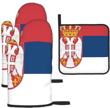 YYHHAOFA Lot de 3 gants de cuisine imperméables et durables pour four et manique pour isolation thermique et drapeau de la Serbie