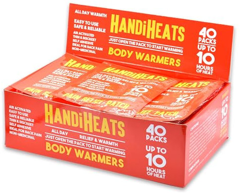 HandiHeats Lot de 40 patchs chauffants auto-adhésifs jetables pour douleurs dorsales, musculaires, douleurs menstruelles, randonnée, ski, snowboard, patchs anti-douleur, chauffe-corps, activés par