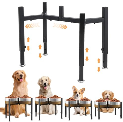 Elevated Dog Bowl Stand, Upgrade Metal Dog Feeder Stand, 4 Adjustable Heights 7-10.6 and Width 5-10, No Spill Raised Pet Double Bow Holder for Small, Medium Large Dogs Indoor Outdoor (Stand Only)