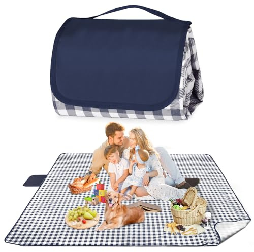 Maidyna Picnic Blanket Waterproof, 200 X 200 cm Large Beach Blanket Sandproof Picnic Mat with Carrying Handle, Outdoor Foldable Hiking Blanket for Camping, Beach, Family Picnic (Blue)