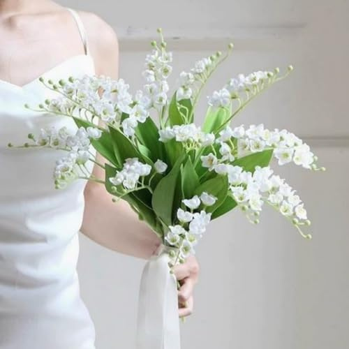 Konstgjord lilja av dalen falsk vit klocka blommor vindspel orkidé, utomhus brud bröllopsbukett för hem trädgård fest 8 st (vit)