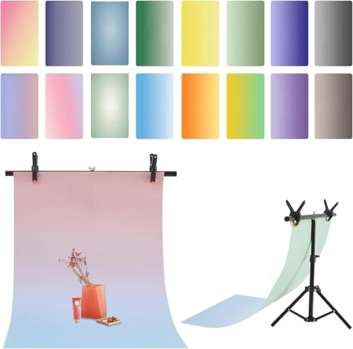 ZUOMIDIE 8PCS 16Patterns Photography Gradient Background Paper with T-Shape Backdrop Stand,Double-Sided Waterproof Reusable 34x22in Morandi Photo Tabletop Backdrops for Food Jewelry,Pastry,Cosmetics