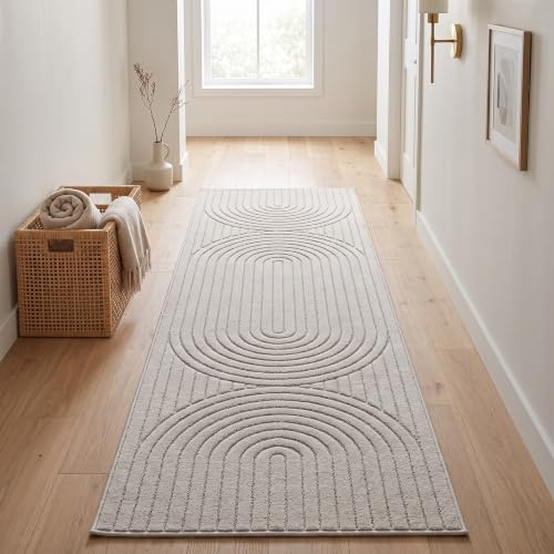 SIMPEX Kurzflor Teppich Läufer 80x250 cm Creme Wohnzimmer, Schlafzimmer, 3D Hoch-Tief-Effekt, Skandinavisch Boho Motiv, für Outdoor Bereich geeignet Terrassen oder im Balkon
