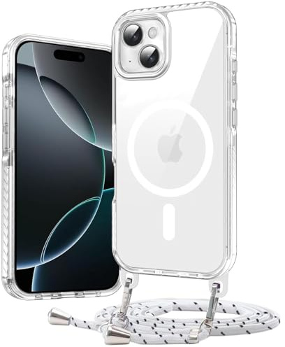 Galful Handykette Handyhülle für iPhone 13/14 Magnetische Hülle mit Band Kompatibel mit Magsafe Transparente Case Abnehmbar Kordel zum Umhängen PC Zurück Schutzhülle Hart Clear Case Cover-Weiß