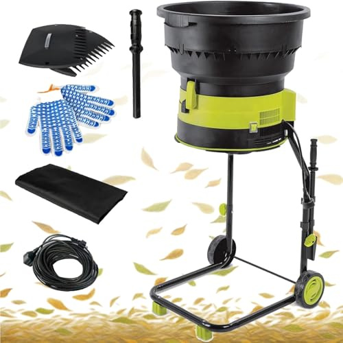 DUXMM Trituratore Elettrico per Foglie da Giardino, con Ruote, Sacco di stoccaggio e rastrello per Foglie, Diametro Imbuto 54 cm, per detriti da Giardino, Foglie e Rami,30m-Power-Cord