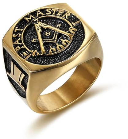Chevalière en Or pour Homme Maître Franc-Maçon Sceau Bague Style Roc Hip-Hop Vintage Franc-Maçon Compas Bague pour Hommes, Acier inoxydable, Aucune pierre précieuse