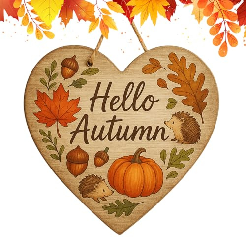 1 Pcs Hello Autumn Decorations, Autumn Gifts Wooden Heart Hanging Plaque Printed Oak Leaves, Pumpkin, Hedgehog, Autumn Sign Accessories for Thanksgiving
