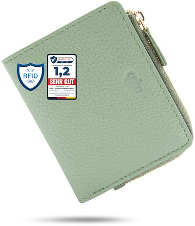 Baur Damen Geldbörse klein – Echtes Leder mit RFID-Schutz – Kleines Portemonnaie mit 7 Kartenfächern – Druckknopfverschluss und Münzfach mit Reißverschluss (Gold Reißverschluss, Salbei-Grün)