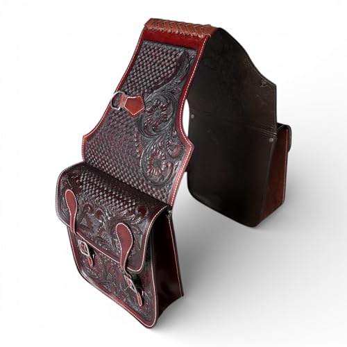 Majestic Ally Western Saddle Bag, Hand-Tooled Leather, Mahogany Brown, Floral and Basket Weave Pattern, Traditional Horse Riding Storage (Mahogany, Floral)
