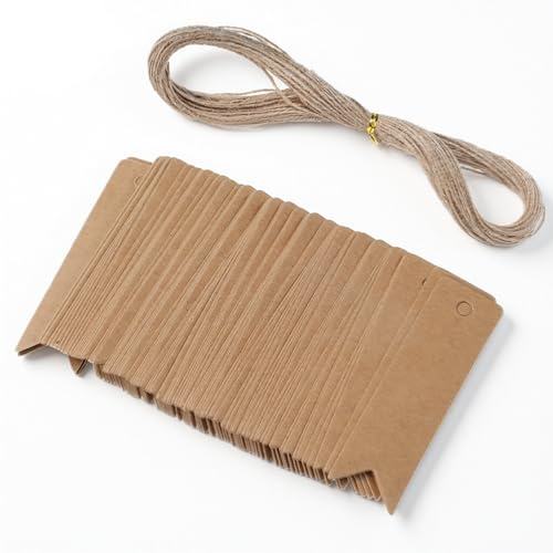 100PCS Brown Paper Gift Tags, Small Price Tag with Twine String, Blank Hanging Tags for Gift Packaging Wrapping Party Wedding DIY Crafts Holiday Arts Store Clothes Retail