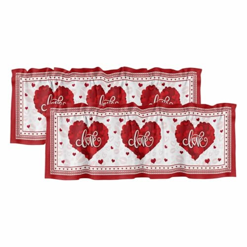 Ficuaiuo 2 Pack Romantic Love Heart Valances for Windows, Red Lips Red Boundary Light Filtering Window Treatment Rod Pocket Short Curtain for Kitchen/Living Room/Bedroom, 60x18 Inch