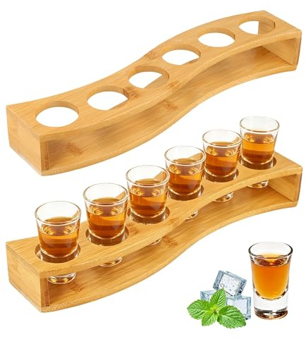 MOUYAT 2PCS Shot Glass Display Case, Bamboo Shot Glass Holder with 6 Holes, Shot Glass Display Tray for Party, Club, Bar, Home, 32.5x5.9x4.9cm