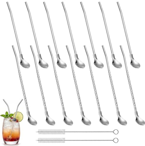 JIRVEX 14 Stück Löffelstrohhalme Edelstahl mit Bürsten, 21 cm Slush Eis Löffel Mit Strohhalm, lange Eiskaffee Löffel Trinkhalme für Slushy, Smoothies, Milchshakes, Desserts, Cocktails