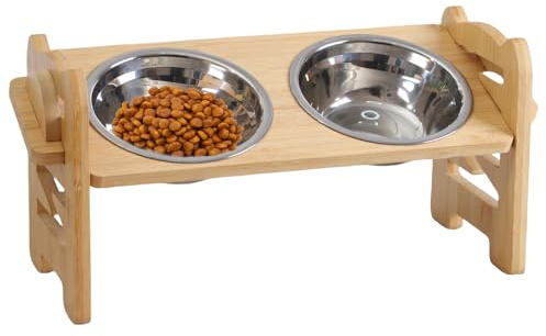 Gamelle Chien Surelevee, Gamelle Surélevée pour Chien avec 2 Bols en Acier Inoxydable, Support en Bois, Hauteur Réglable, Support Gamelle Chat,Gamelles pour Chats et Petits Chiens