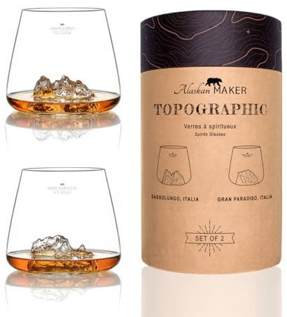 Bicchieri da Whisky 350 ml (confezione da 2) – Borosilicato di alta qualità, soffiati artigianalmente con le montagne in rilievo, forma a tulipano, distillati topografici (Sassolungo & Gran Paradiso)