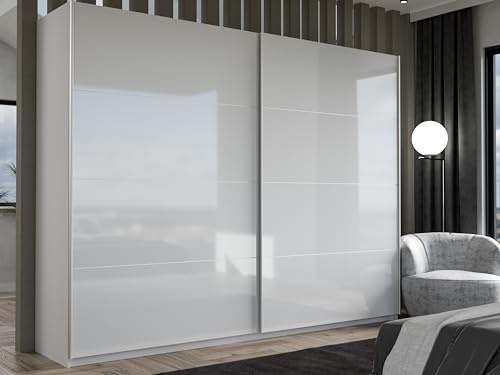 Forte Armario Starlet Plus 270, Puertas correderas, Moderno, 2 Puertas, estantes y Barra, Blanco/Blanco Brillante, 270x210x61 cm