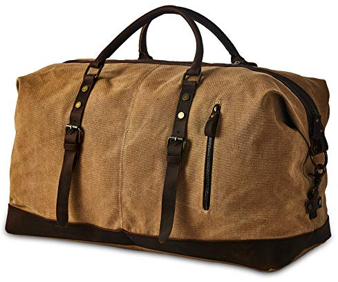 BRASS TACKS Leathercraft Vintage Reisetasche aus gewachstem Segeltuch und Leder, Wasserdicht Sporttasche mit Schuhfach, Handgepäck Verstellbar Schultergurt für Damen und Herren, Braun