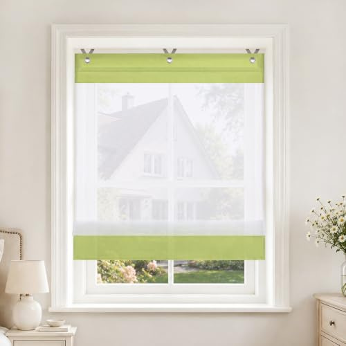 Joyswahl Voile Ösenrollo Transparent Raffrollo mit Ösen 80x155 Grün | Irene Raffgardinen ohne Bohren, Rollo mit Hakenaufhängung, Fensterrollo mit Farbiger Blende, Schals Fenster Gardine 1 Stück