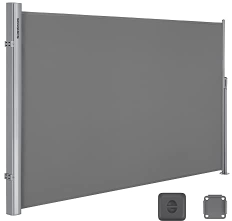 SONGMICS Alu-Seitenmarkise, ausziehbar, 200 x 350 cm, Sichtschutz | Seitenrollo, Sonnenschutz, blickdicht, für Balkon, Terrasse, Garten, grau, SHELD Kollektion GSA205G01