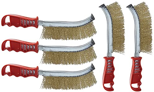AERZETIX - Juego de 5 cepillos metálicos con alambres ondulados - longitud 235mm - raspador manual convexo con mango de plástico - limpieza/decapado/pintura/óxido - pelos de acero amarillas - C50037