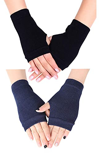 Petalum 2 Paar Handschuhe für Damen und Herren, Strickhandschuhe, ohne Finger, Daumenloch, warm, Fahrrad, Winter, Marineblau, NB- 14 * 8.5cm