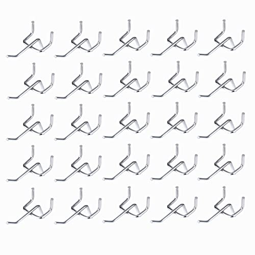 SAVITA 50 pezzi Ganci per Pannelli Forati, Spaziatura Tra i Fori 25 mm 32 mm di Spessore 50 mm di Lunghezza Pegboard Hooks per Espositori da Parete con Pioli Attrezzi Ripostiglio Per Garage (Argento)