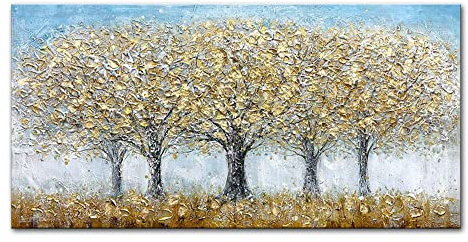 Mintura Kunstwerk, handbemalt, die fünf großen gelben Bäume, Wandkunst, Bild, Wohnzimmer, Acryl, Leinwand, Hoteldekoration, Ölgemälde auf Leinwand (140 x 280 cm, ungerahmt)