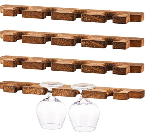 Ripeng 4 Pcs Wall Mounted Wood Stemware Rack Champagne Holder Rustic Wine Glass Hanging Shelf Wood Floating Glassware Wall Holder for Party Kitchen Bar Organizer 17 x 3 x 0. 8 Inch (Dark Brown)