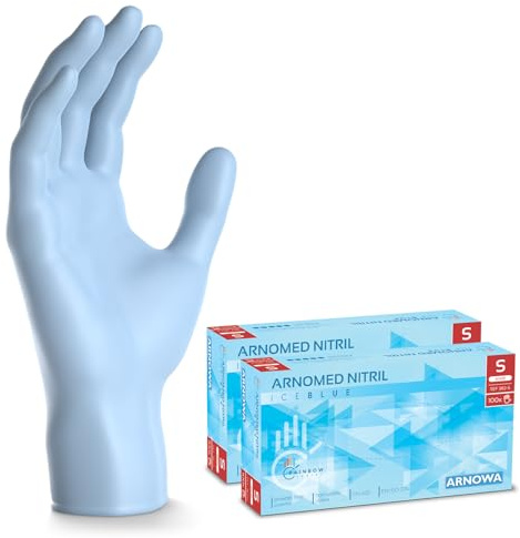 ARNOMED Guantes nitrilo talla S, azul claro, guantes de nitrilo, 200 unidades (2 cajas), guantes nitrilo desechables sin polvo, guantes de goma sin látex, guantes nitrilo en tallas XS, S, M, L y XL