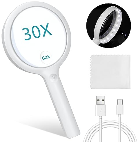 Lupe mit Licht, 30X Leselupe, Leselupe mit Licht für Senioren Groß, Wiederaufladbare USB-Lupe, 3 Lichtmodi, für Ältere Lesen, Kinder Hobbybeobachtung, Juwelier Bewertung Schmuck, mit Linsentuch