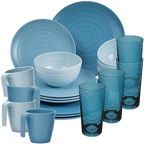 Melamin Geschirr Set 20 Teile elegante Steingut Optik in blau mit Wasserglas 260ml blau - für 4 Personen Essgeschirr Gläser Wasserglas Tumbler Whiskey - Campinggeschirr Picknick ideal Camping Outdoor