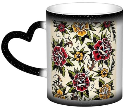 Tasse, Keramik-Kaffeetasse mit Farbwechsel, Teetasse für Küche, Restaurant, Büro, 330 ml, Blumen-Tattoo