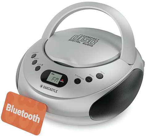 Lettore CD Portatile Bluetooth | FM Radio Stereo Casa | Radio CD Stereo Casa con Controlli Facili | 30 Preselezioni, Display a LED | Oakcastle CD250 (Argento)