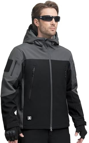 FREE SOLDIER Herren Winterjacke Military Softshell Jacken Outdoor Fleecefutter Winddichte Wasserdichte Jacke mit Kapuze Warme Taktische Jacken mit Mehreren Taschen für Jagdausflüge (Black&Gray,XXL)